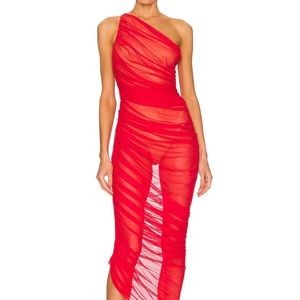 Norma Kamali Sheer ruched mesh fabric with asymmetrical hem